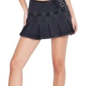 Pleated black denim mini skirt